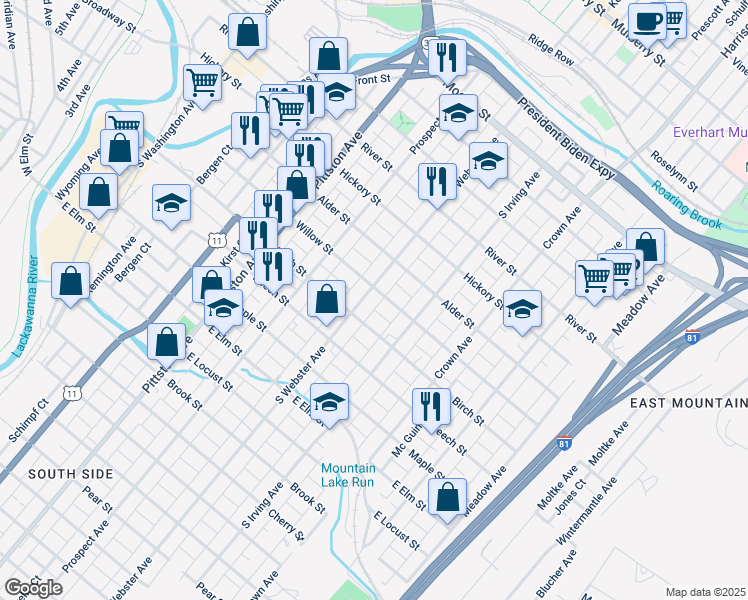 map of restaurants, bars, coffee shops, grocery stores, and more near 721 South Webster Avenue in Scranton