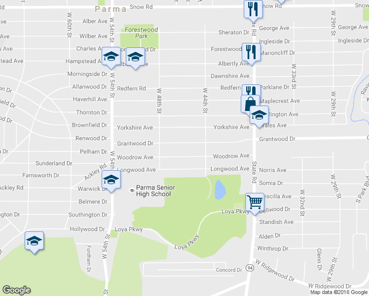 map of restaurants, bars, coffee shops, grocery stores, and more near 4511 Grantwood Drive in Parma