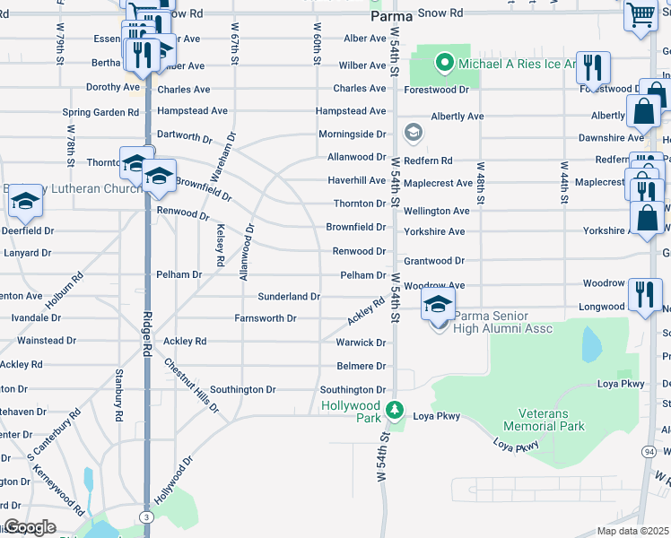 map of restaurants, bars, coffee shops, grocery stores, and more near 5814 Pelham Drive in Parma