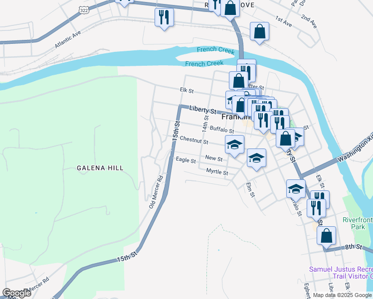 map of restaurants, bars, coffee shops, grocery stores, and more near 1426 New Street in Franklin