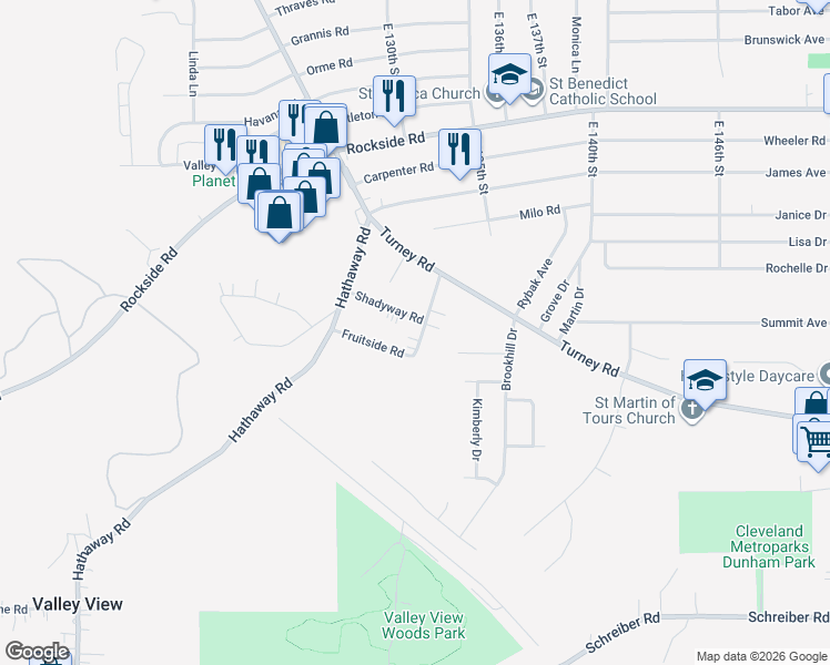 map of restaurants, bars, coffee shops, grocery stores, and more near 6351 Meadowbrook Road in Garfield Heights