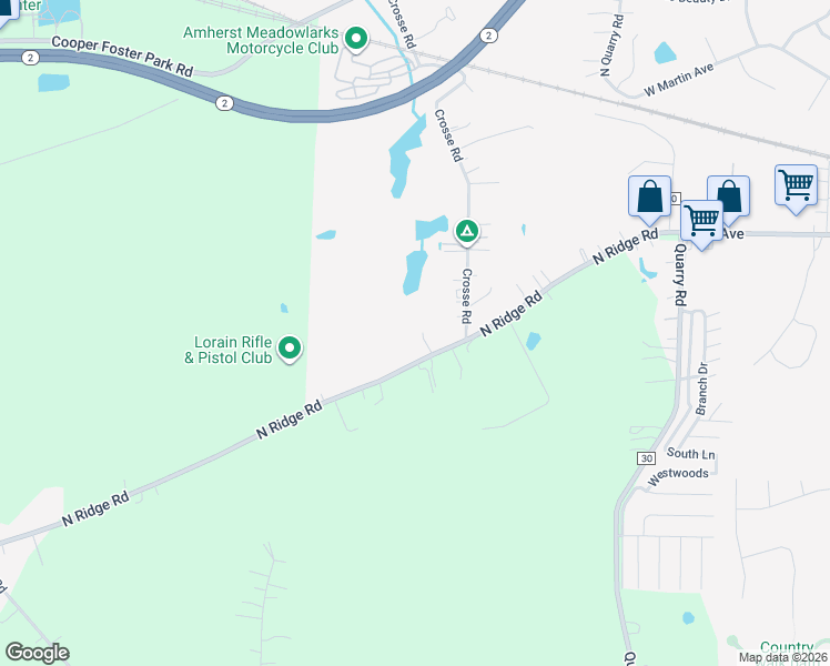map of restaurants, bars, coffee shops, grocery stores, and more near 48320 North Ridge Road in Amherst