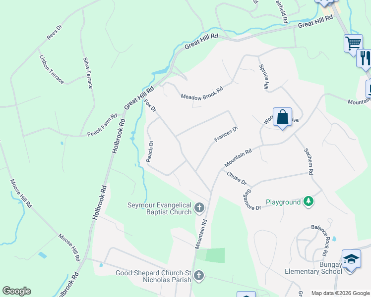 map of restaurants, bars, coffee shops, grocery stores, and more near 32 Fox Drive in Seymour