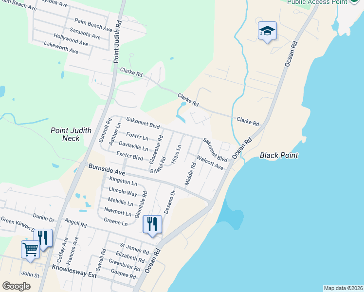 map of restaurants, bars, coffee shops, grocery stores, and more near 15 Hope Lane in Narragansett