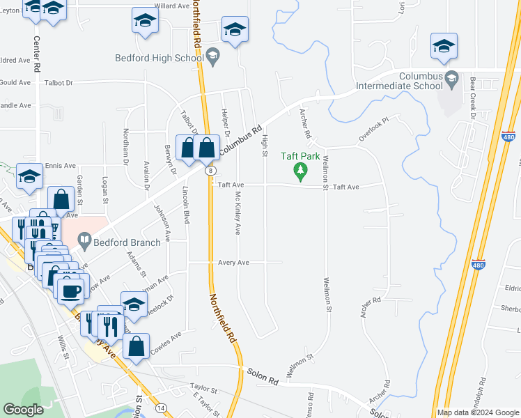 map of restaurants, bars, coffee shops, grocery stores, and more near 748 High Street in Bedford