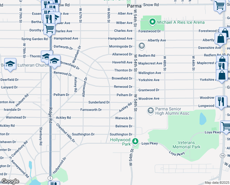 map of restaurants, bars, coffee shops, grocery stores, and more near 5814 Pelham Drive in Parma