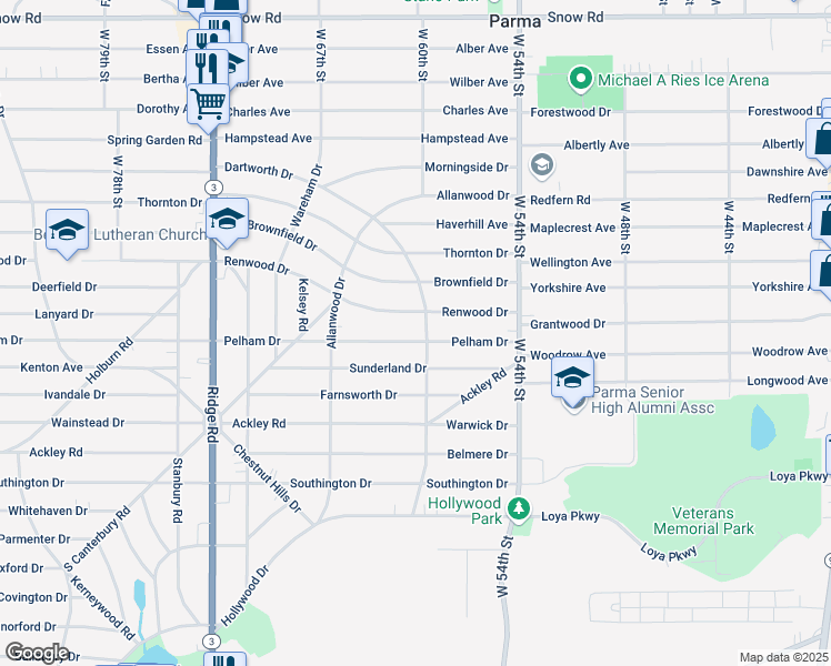 map of restaurants, bars, coffee shops, grocery stores, and more near 6106 Pelham Drive in Parma