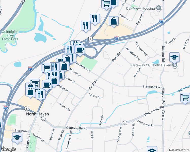map of restaurants, bars, coffee shops, grocery stores, and more near 46 Blakeslee Avenue in North Haven