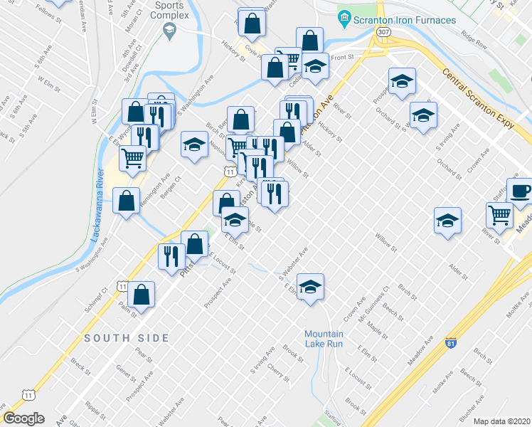 map of restaurants, bars, coffee shops, grocery stores, and more near 536 Beech Street in Scranton