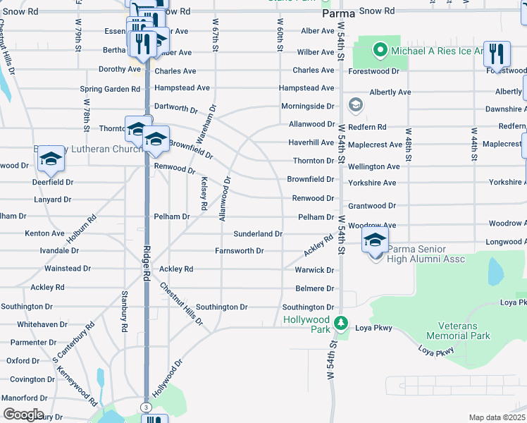 map of restaurants, bars, coffee shops, grocery stores, and more near 6106 Pelham Dr in Parma
