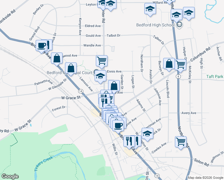 map of restaurants, bars, coffee shops, grocery stores, and more near 37 Blaine Avenue in Bedford