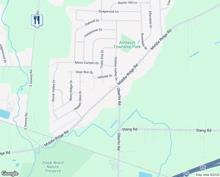 map of restaurants, bars, coffee shops, grocery stores, and more near 45002 Middle Ridge Road in Amherst