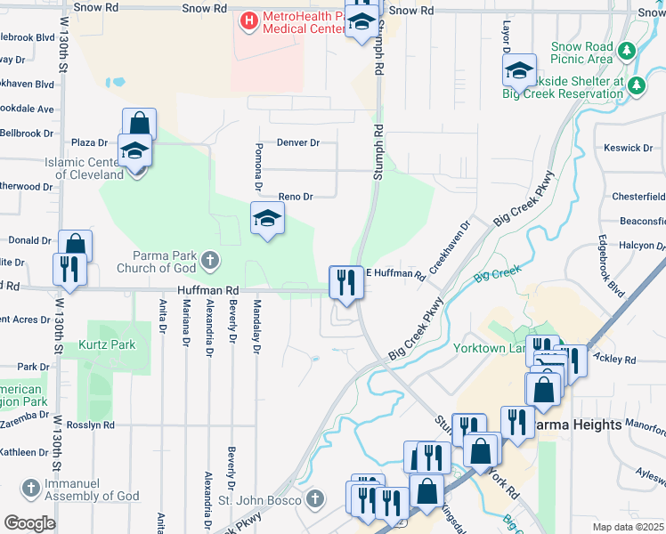 map of restaurants, bars, coffee shops, grocery stores, and more near 11500 Huffman Road in Parma