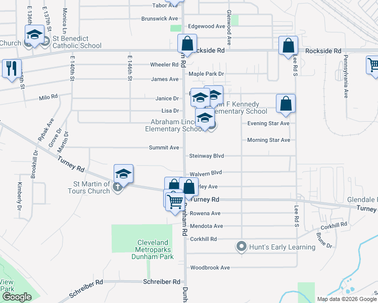 map of restaurants, bars, coffee shops, grocery stores, and more near 15215 Steinway Boulevard in Maple Heights