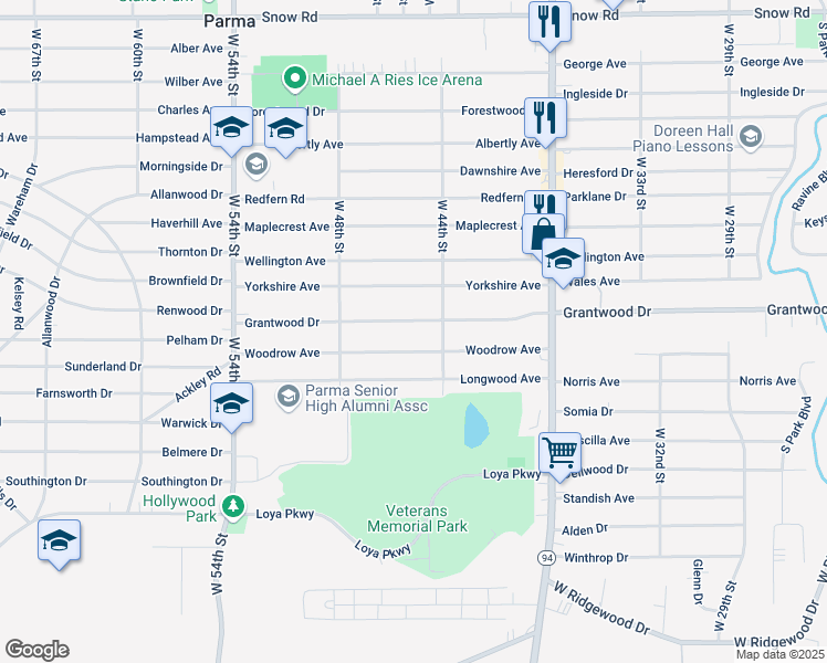 map of restaurants, bars, coffee shops, grocery stores, and more near 4420 Woodrow Avenue in Parma