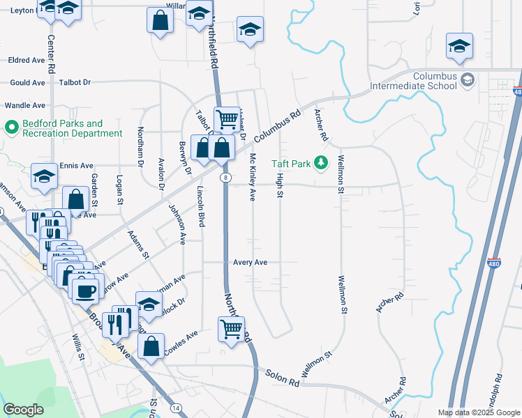 map of restaurants, bars, coffee shops, grocery stores, and more near 732 Mc Kinley Avenue in Bedford