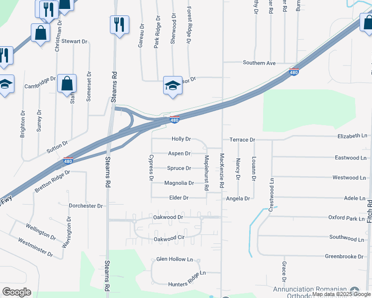 map of restaurants, bars, coffee shops, grocery stores, and more near 28494 Aspen Drive in North Olmsted