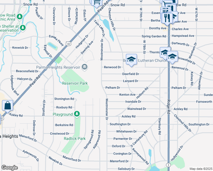map of restaurants, bars, coffee shops, grocery stores, and more near 8427 Pelham Drive in Parma