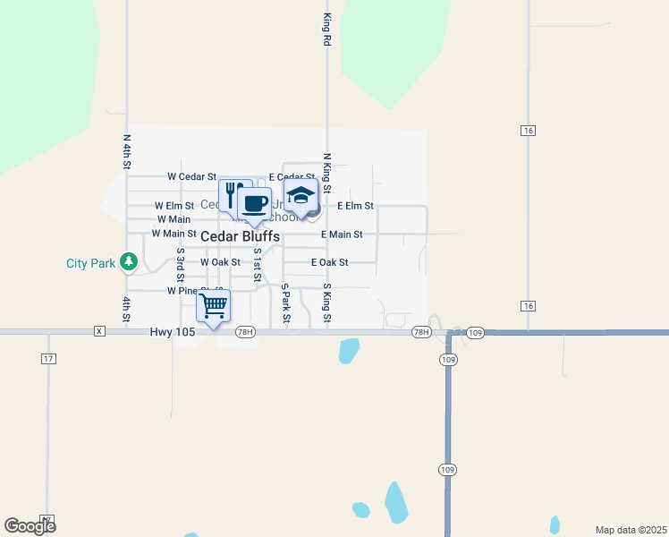 map of restaurants, bars, coffee shops, grocery stores, and more near 205 South King Street in Cedar Bluffs