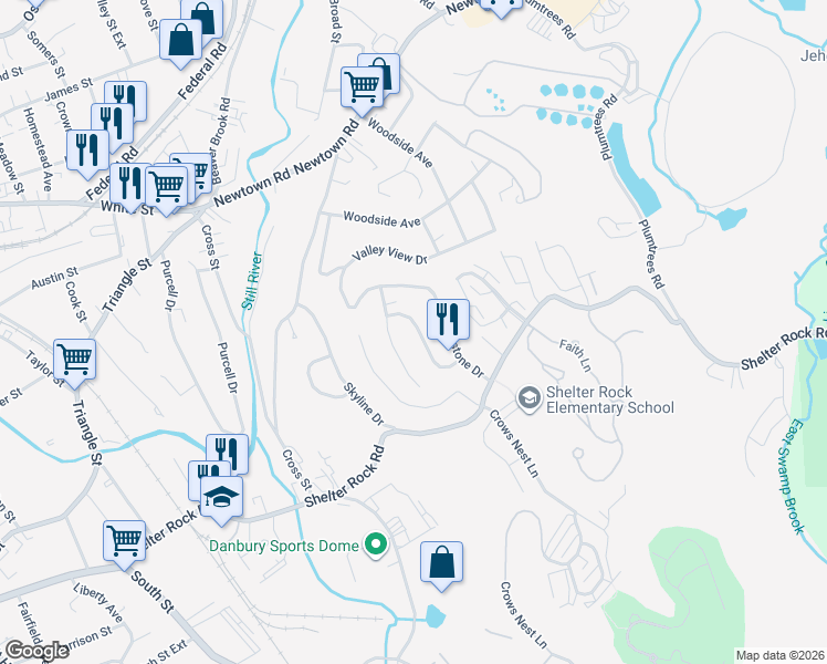 map of restaurants, bars, coffee shops, grocery stores, and more near 14 Beechwood Drive in Danbury