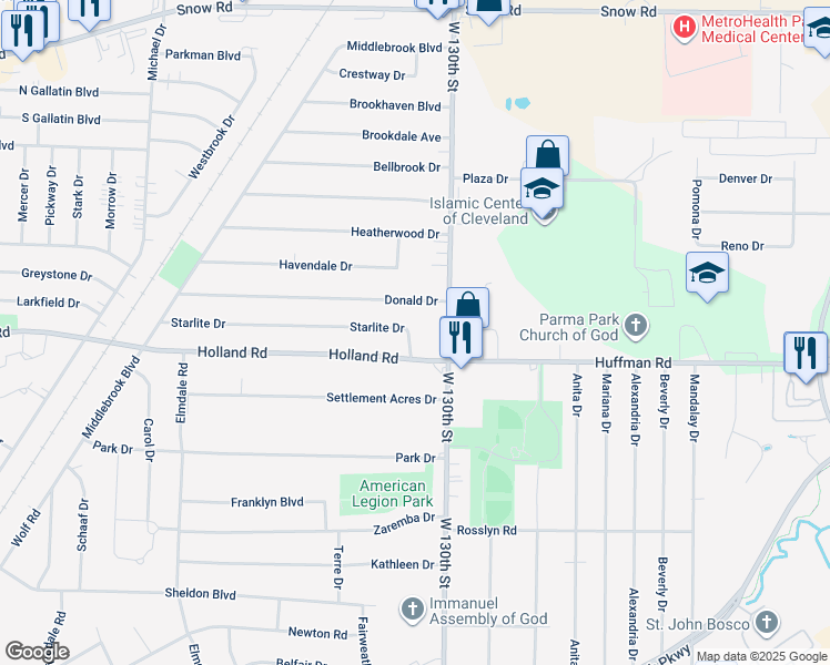 map of restaurants, bars, coffee shops, grocery stores, and more near 13424 Starlite Drive in Brook Park