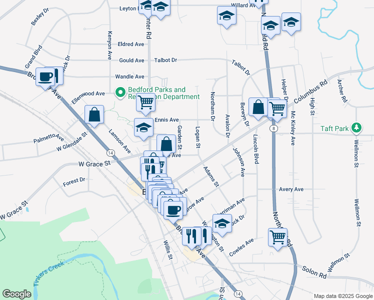 map of restaurants, bars, coffee shops, grocery stores, and more near 73 Blaine Ave in Bedford