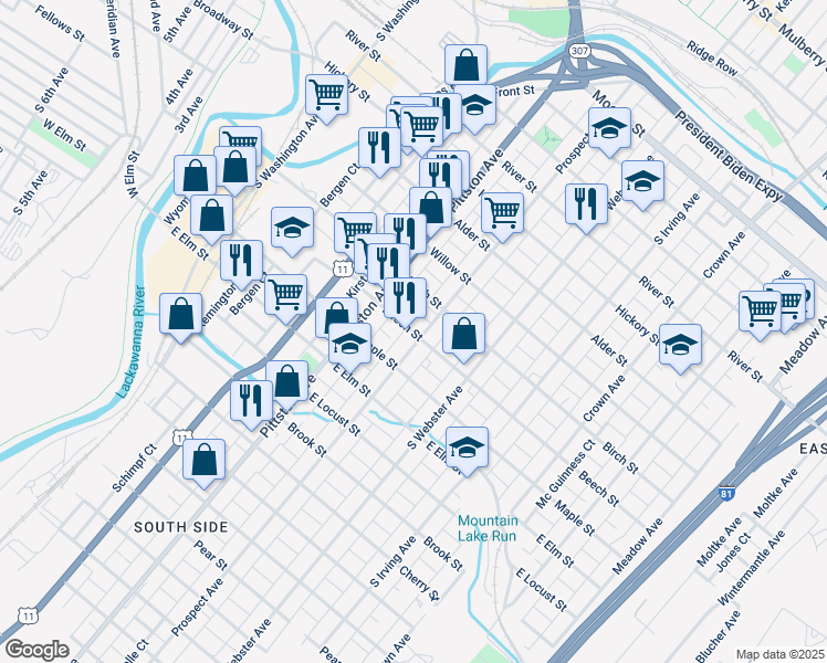 map of restaurants, bars, coffee shops, grocery stores, and more near 831 Prospect Avenue in Scranton