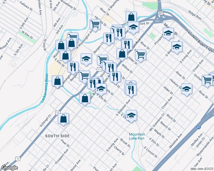 map of restaurants, bars, coffee shops, grocery stores, and more near 529 Maple Street in Scranton