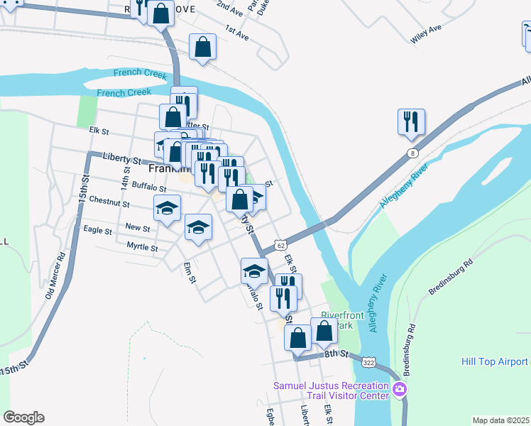 map of restaurants, bars, coffee shops, grocery stores, and more near 1105 Elk Street in Franklin