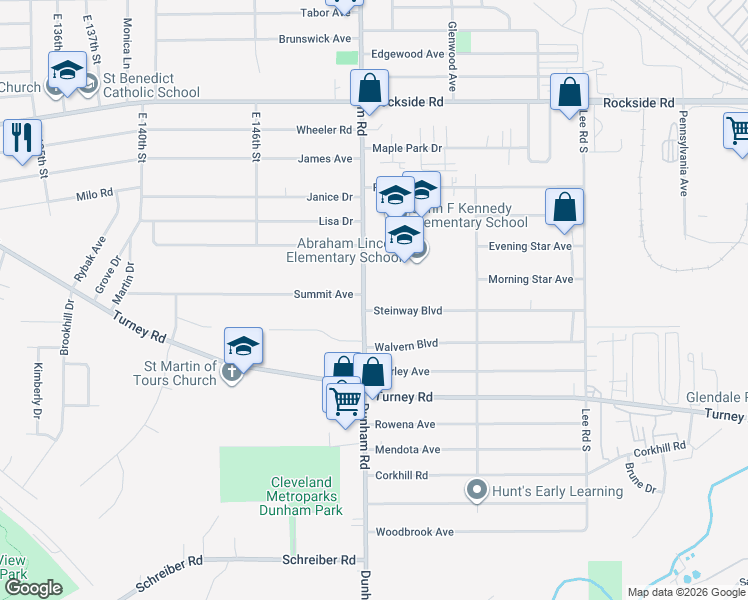 map of restaurants, bars, coffee shops, grocery stores, and more near 15215 Steinway Boulevard in Maple Heights