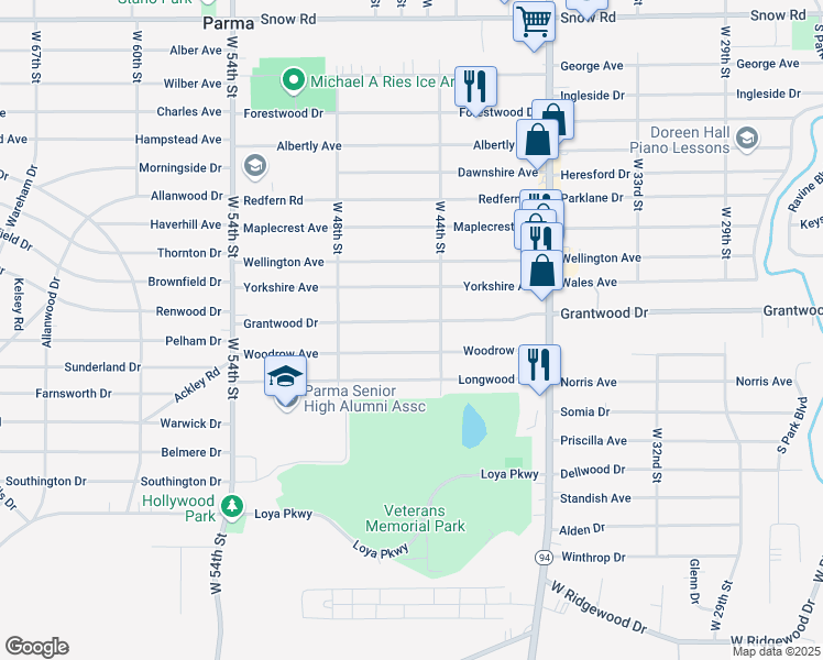 map of restaurants, bars, coffee shops, grocery stores, and more near 4420 Woodrow Avenue in Parma