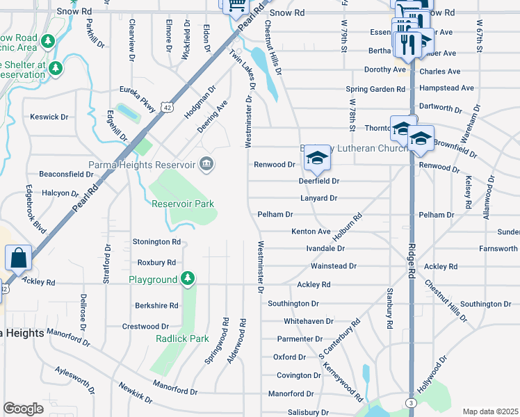 map of restaurants, bars, coffee shops, grocery stores, and more near 8427 Pelham Drive in Parma