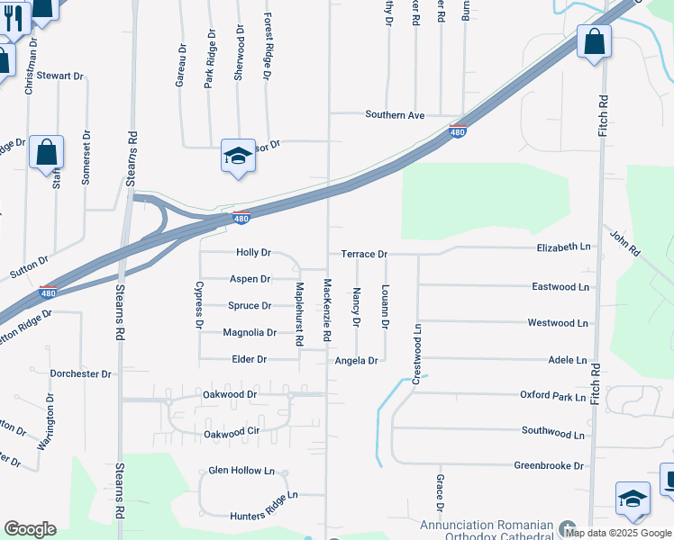 map of restaurants, bars, coffee shops, grocery stores, and more near 6544 MacKenzie Road in North Olmsted