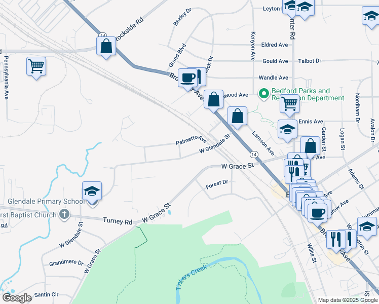map of restaurants, bars, coffee shops, grocery stores, and more near 97 West Glendale Street in Bedford