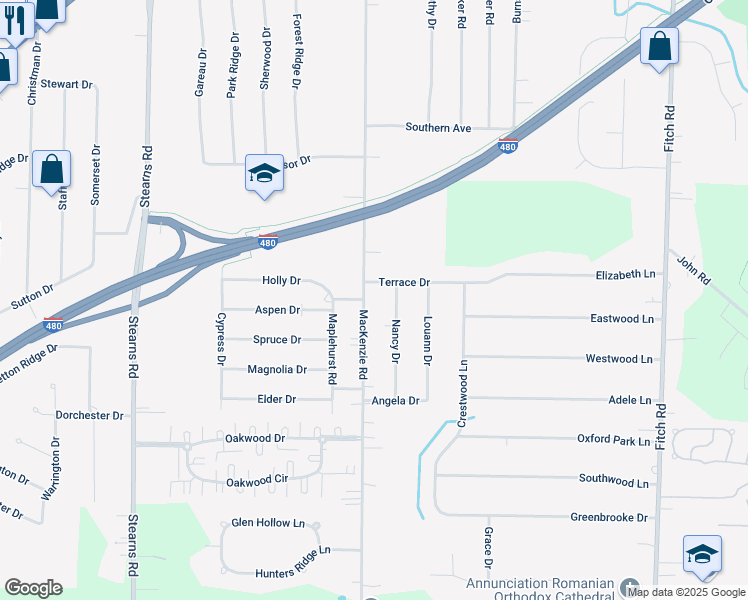 map of restaurants, bars, coffee shops, grocery stores, and more near 6544 MacKenzie Road in North Olmsted
