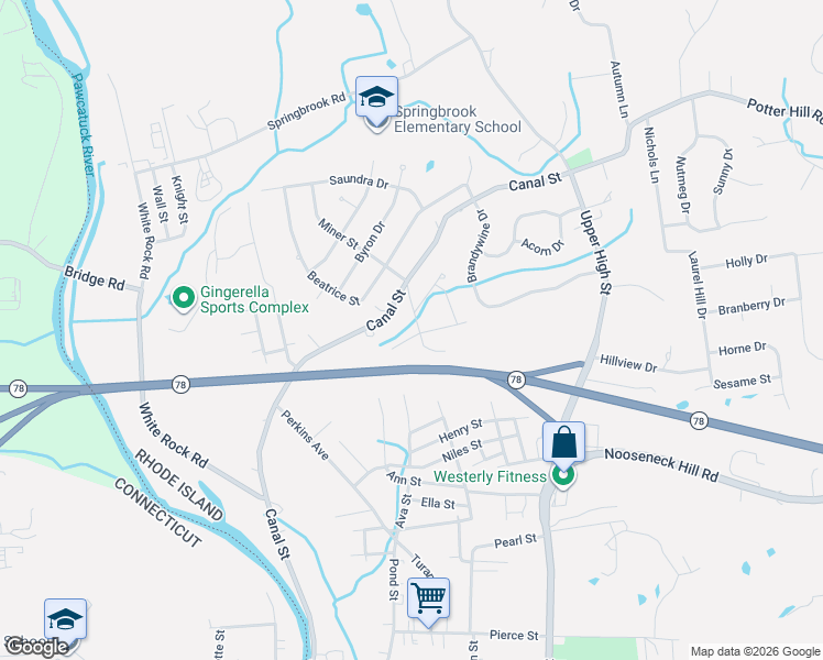 map of restaurants, bars, coffee shops, grocery stores, and more near 8 Lorraine Road in Westerly