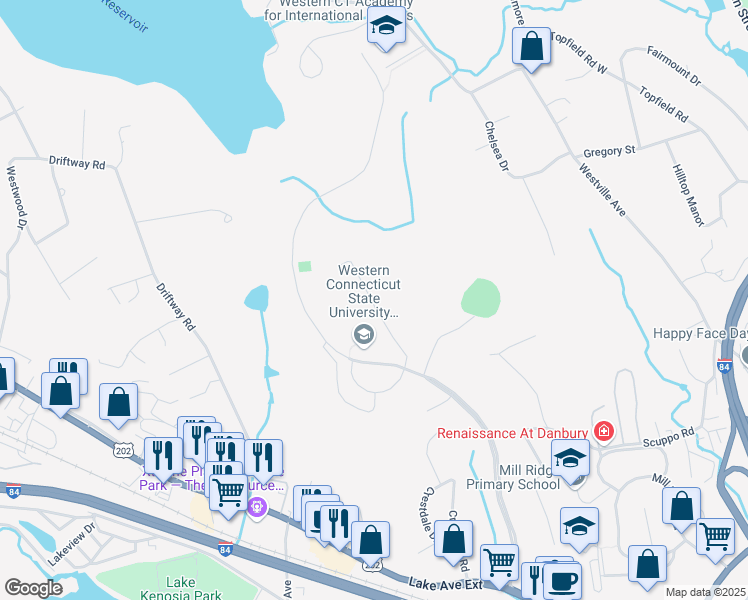 map of restaurants, bars, coffee shops, grocery stores, and more near Unnamed Road in Danbury