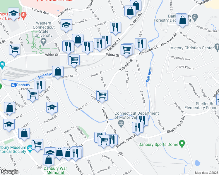 map of restaurants, bars, coffee shops, grocery stores, and more near 126 Triangle Street in Danbury
