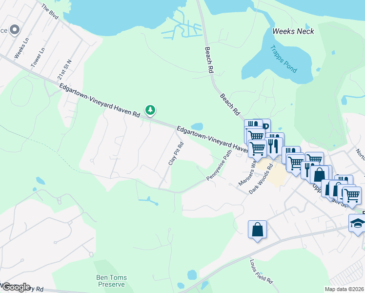 map of restaurants, bars, coffee shops, grocery stores, and more near 24 Clay Pit Road in Edgartown