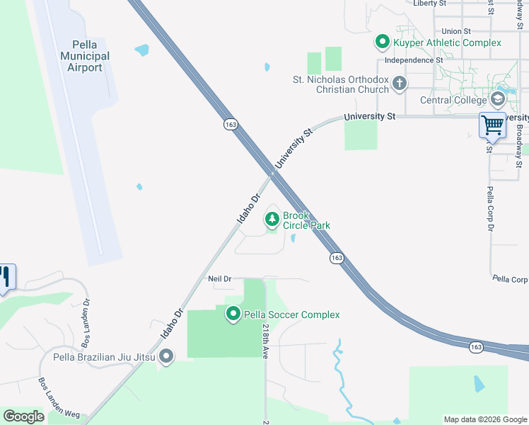 map of restaurants, bars, coffee shops, grocery stores, and more near 127 Brook Circle in Pella