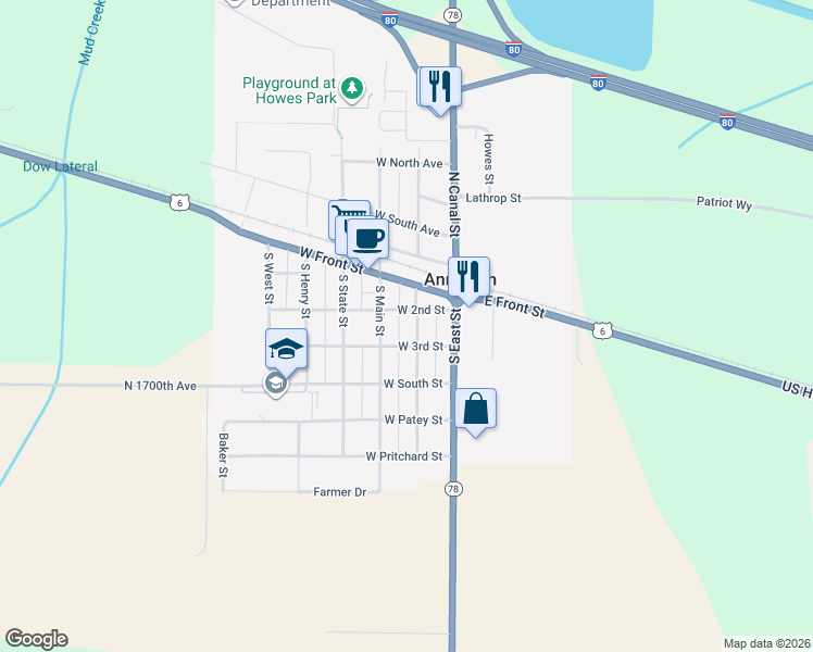 map of restaurants, bars, coffee shops, grocery stores, and more near 206 South Depot Street in Annawan