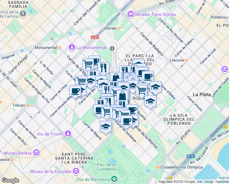 map of restaurants, bars, coffee shops, grocery stores, and more near 38 Avinguda Meridiana in Barcelona