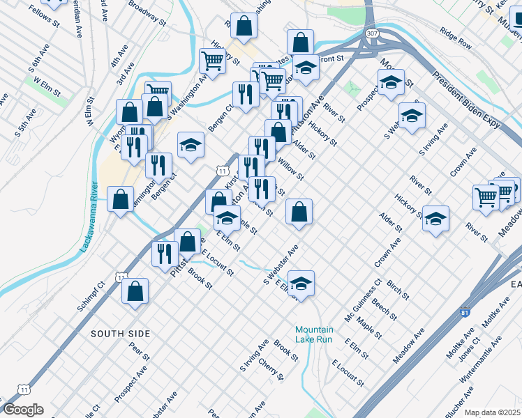 map of restaurants, bars, coffee shops, grocery stores, and more near 538 Beech Street in Scranton