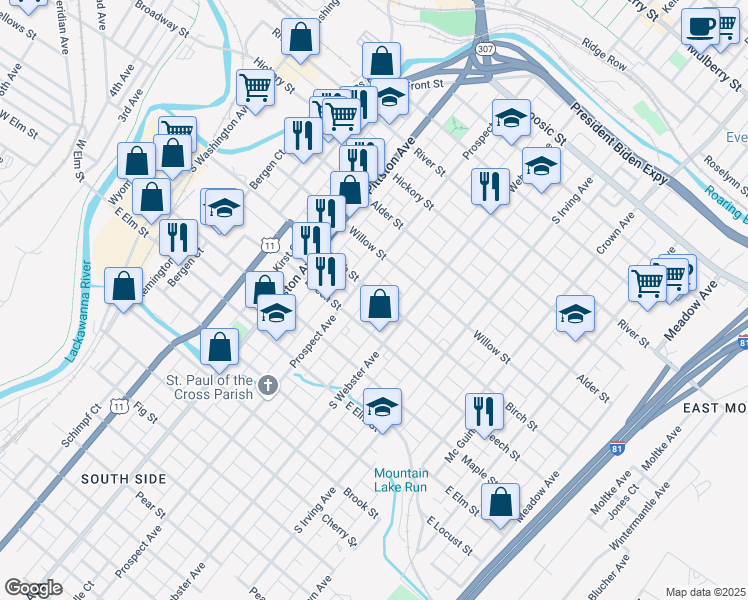 map of restaurants, bars, coffee shops, grocery stores, and more near 620 Birch Street in Scranton