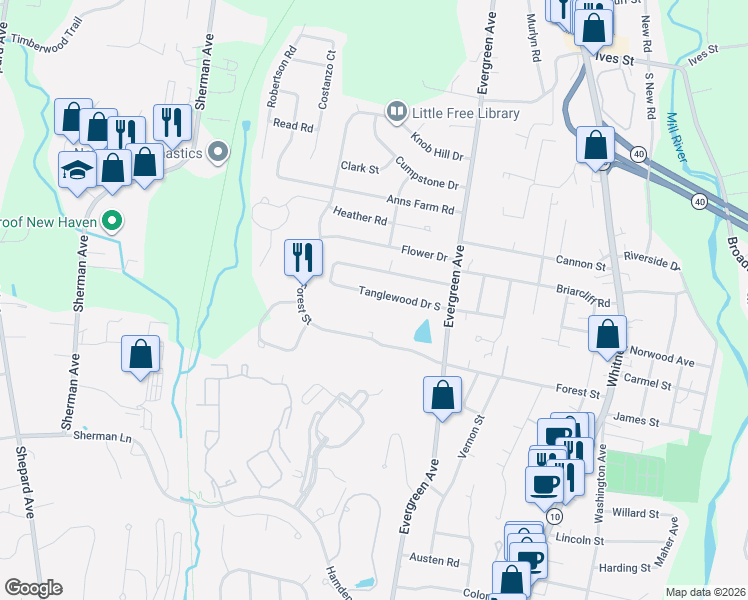 map of restaurants, bars, coffee shops, grocery stores, and more near 157 Tanglewood Drive in Hamden