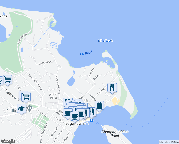 map of restaurants, bars, coffee shops, grocery stores, and more near 2 Tuthill Lane in Edgartown