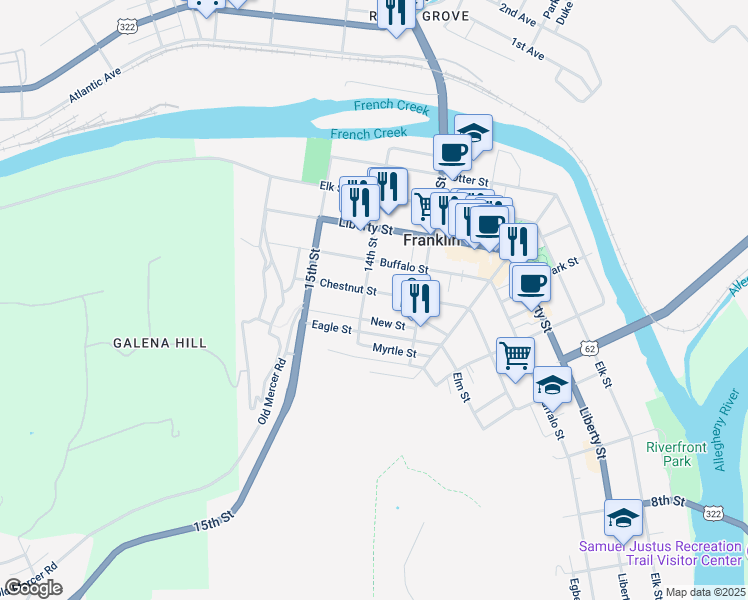 map of restaurants, bars, coffee shops, grocery stores, and more near 624 14th St in Franklin