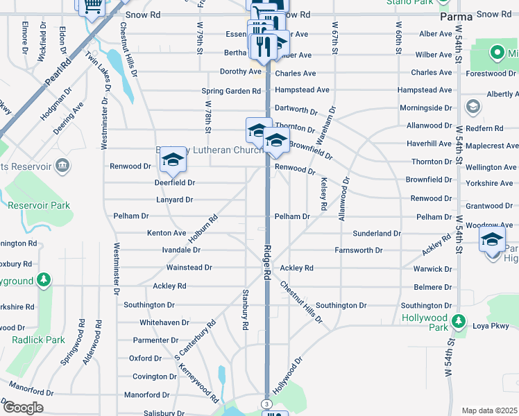 map of restaurants, bars, coffee shops, grocery stores, and more near 6184 Ridge Road in Parma