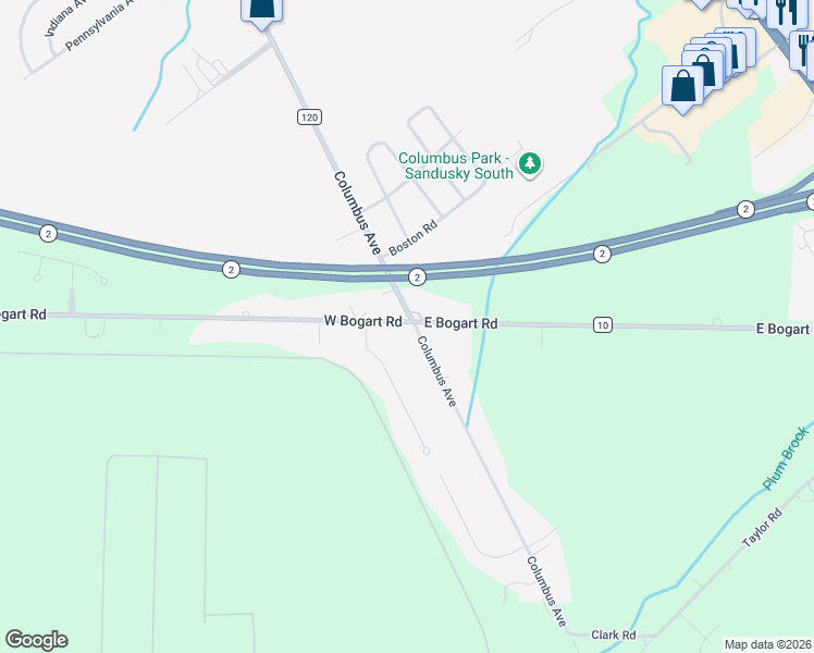 map of restaurants, bars, coffee shops, grocery stores, and more near 112 West Bogart Road in Sandusky