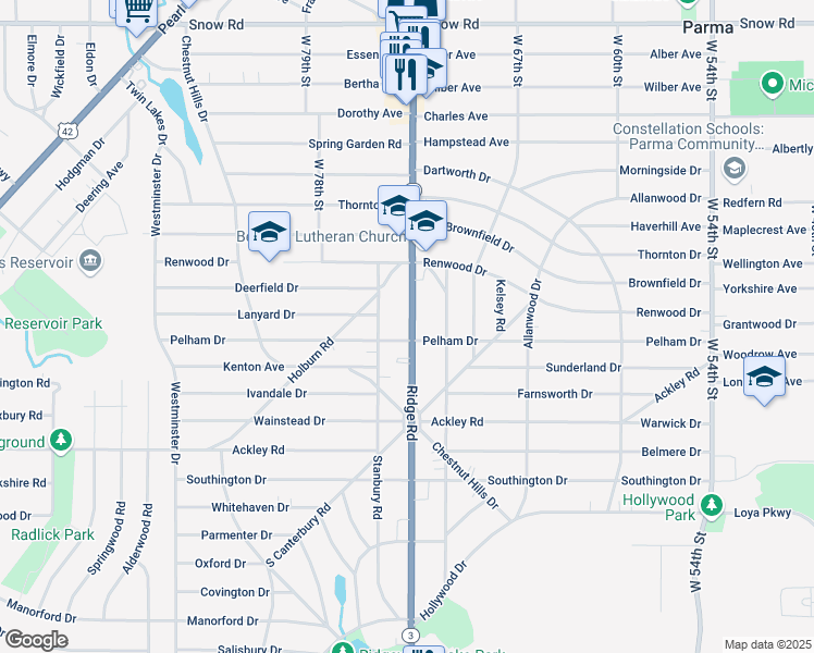 map of restaurants, bars, coffee shops, grocery stores, and more near 6156 Ridge Road in Parma